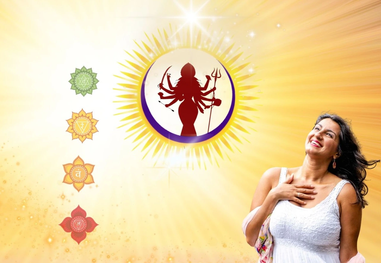 Dr. Rameet in white with her goddess emblem and chakra symbols on a radiant gold background